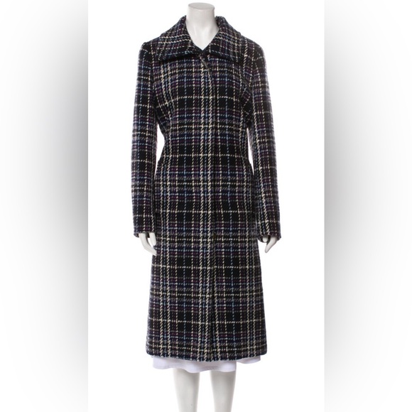 Burberry Plaid Black Blue Gray Cream Wool Long Trench Coat Size 10 US - Picture 1 of 8